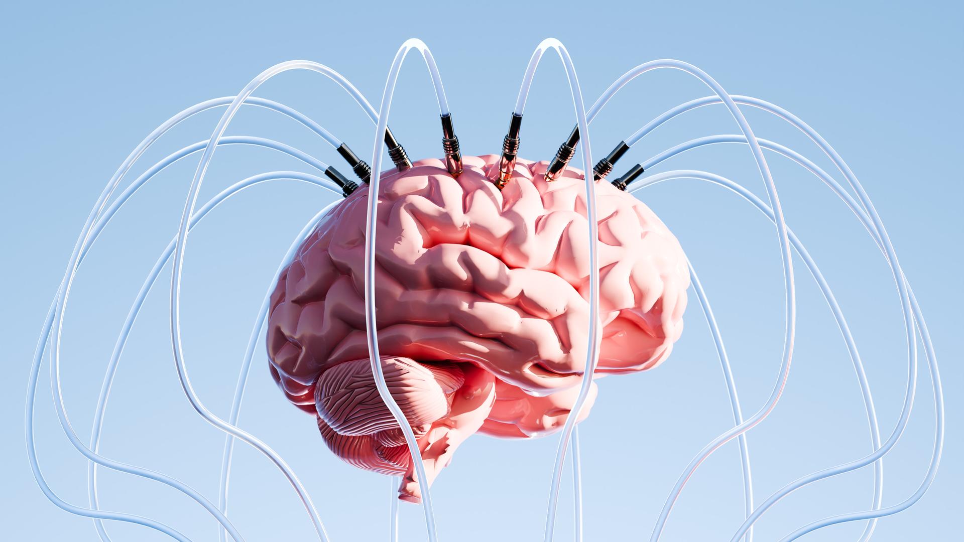 Ein futuristisches, surreales Bild zeigt ein Gehirn, das frei in der Luft schwebt und kunstvoll mit zahlreichen Drähten verbunden ist.