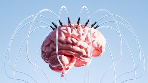 Ein futuristisches, surreales Bild zeigt ein Gehirn, das frei in der Luft schwebt und kunstvoll mit zahlreichen Drähten verbunden ist.