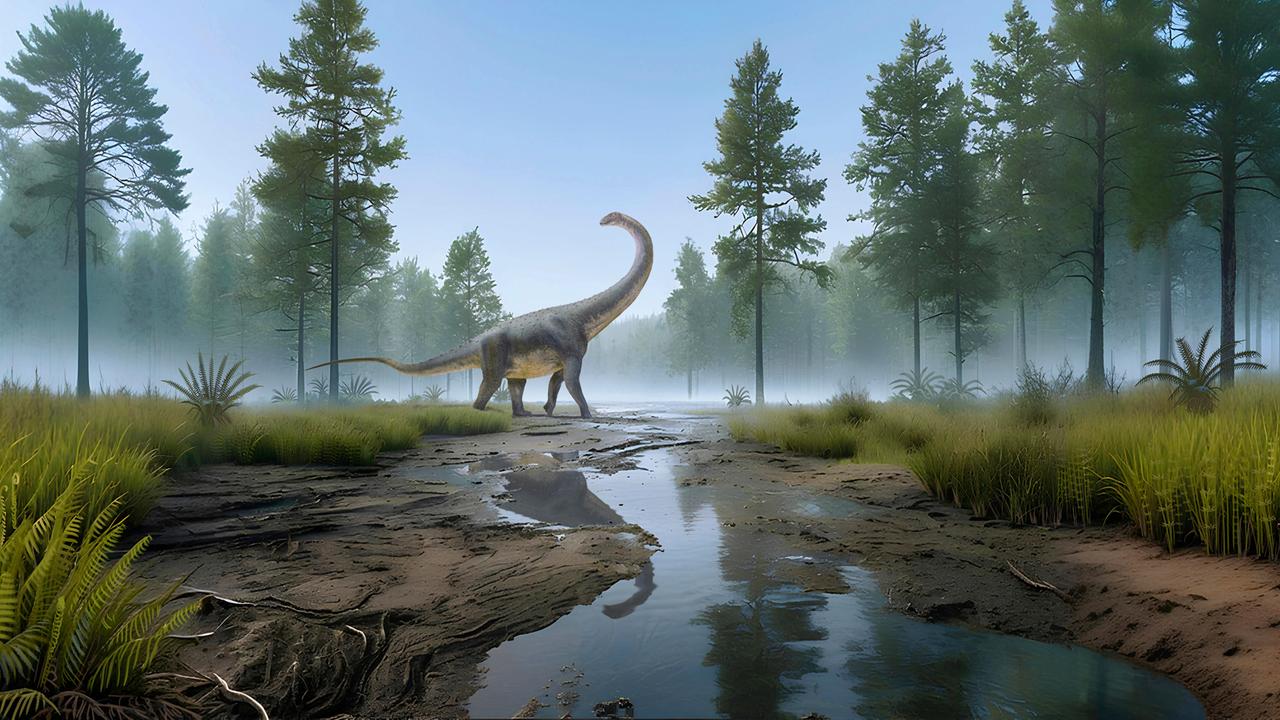 Ein Titanosaurus durchstreift einen Wald der Kreidezeit.