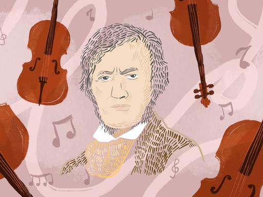 Illustration zeigt Wagner mit Noten und Musikinstrumenten im Hintergrund. Illustration zeigt Wagner mit Noten und Musikinstrumenten im Hintergrund.