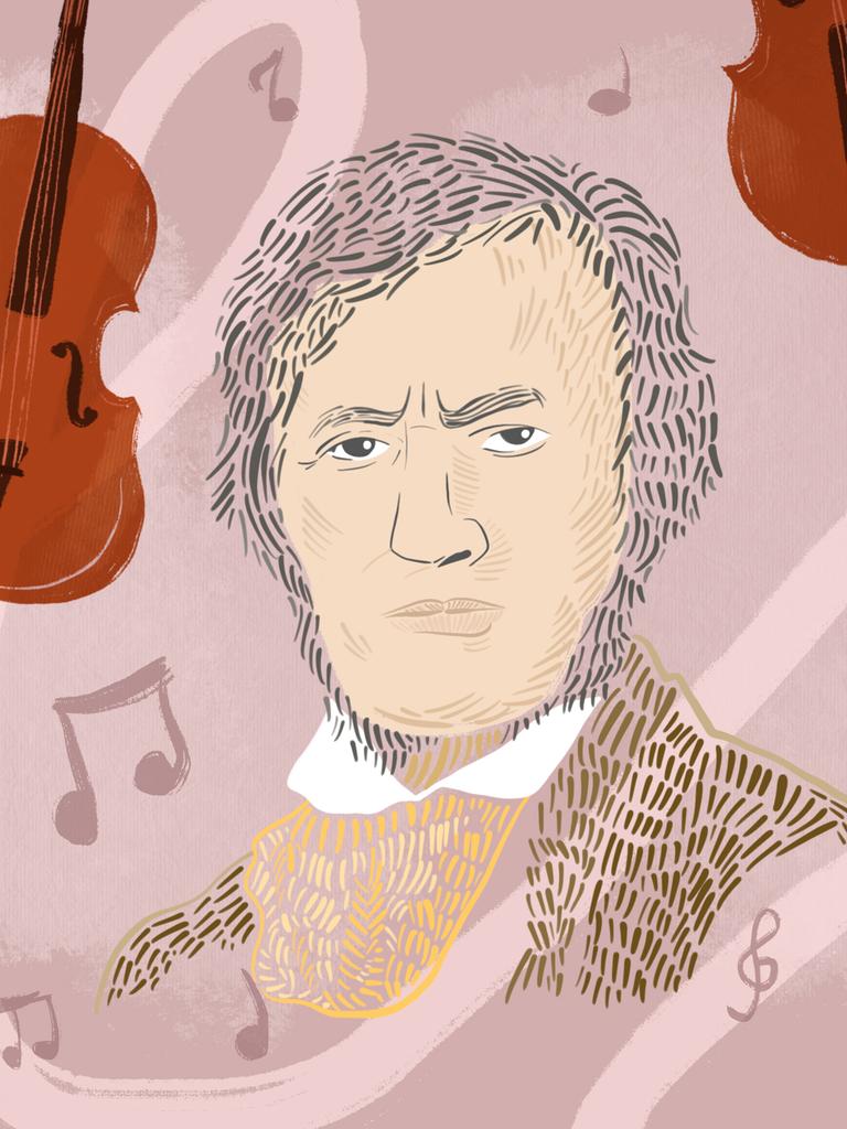 Illustration zeigt Wagner mit Noten und Musikinstrumenten im Hintergrund. Illustration zeigt Wagner mit Noten und Musikinstrumenten im Hintergrund.