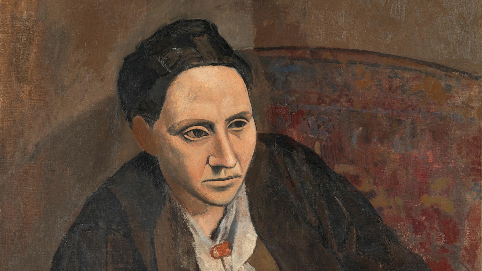 Gertrude Stein (1874-1946). Ausschnitt eines von Pablo Picasso gemalten Porträts. 