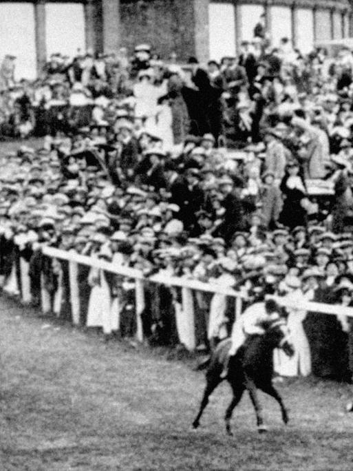 Historisches Foto vom Epsom Derby 1913, mit Pferden und Zuschauern sowie gestürzten Tieren und einem Mensch auf dem Boden der Rennbahn