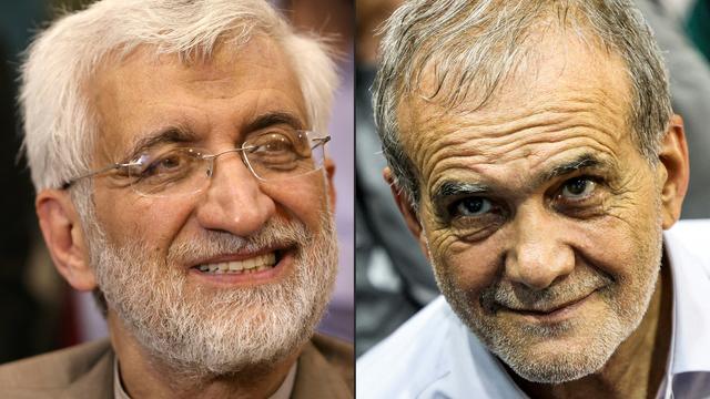 Eine Collage zeigt die beiden Kandidaten um die Präsidentschaft im Iran: Links ein Portrait von Said Dschalili. Rechts ein Portrait von Massud Peseschkian.