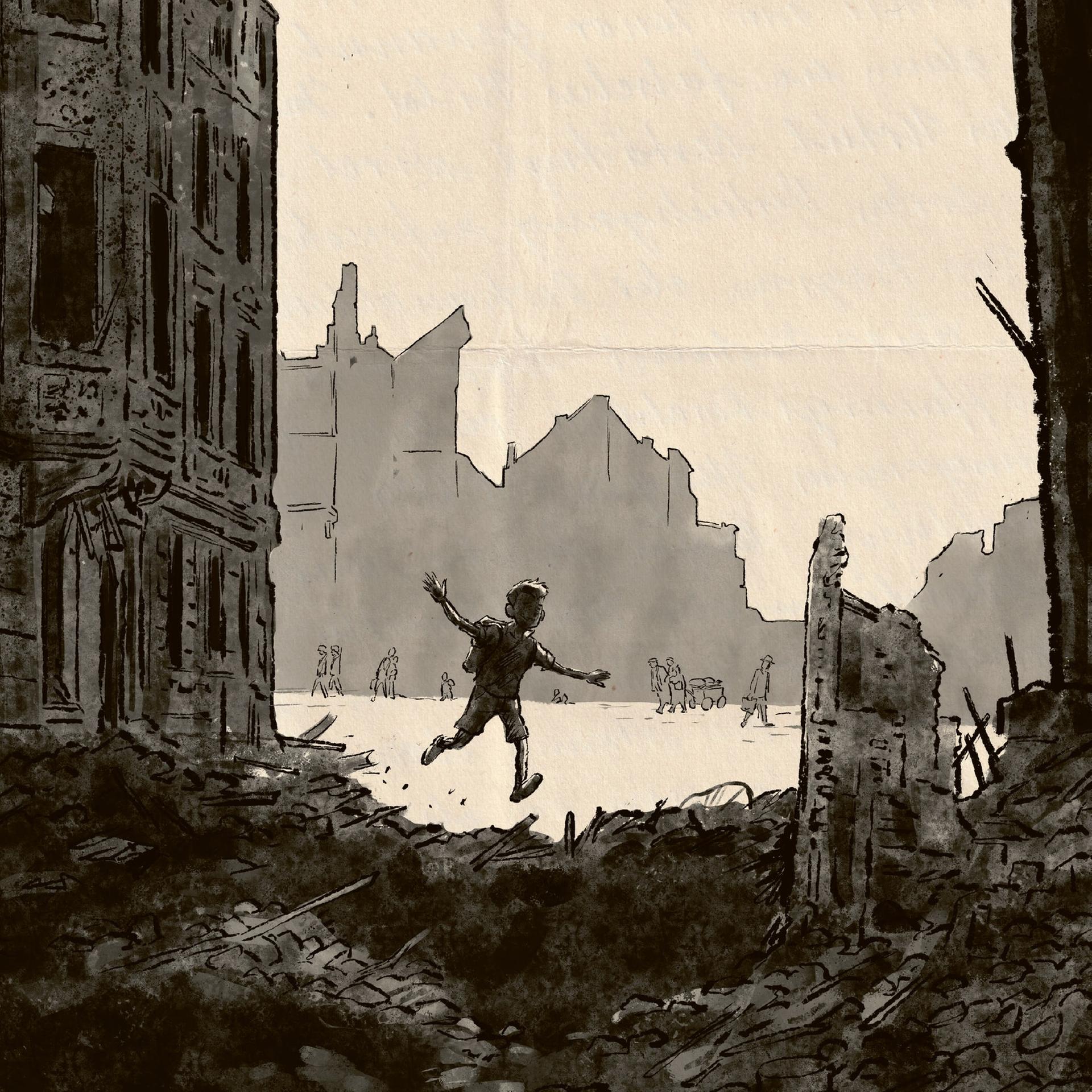 Comiczeichnung eines Kindes, das zwischen Ruinen läuft. Ausschnitt des Buchcovers "Columbusstraße. Eine Familiengeschichte" von Tobi Dahmen, Carlsen Verlag.