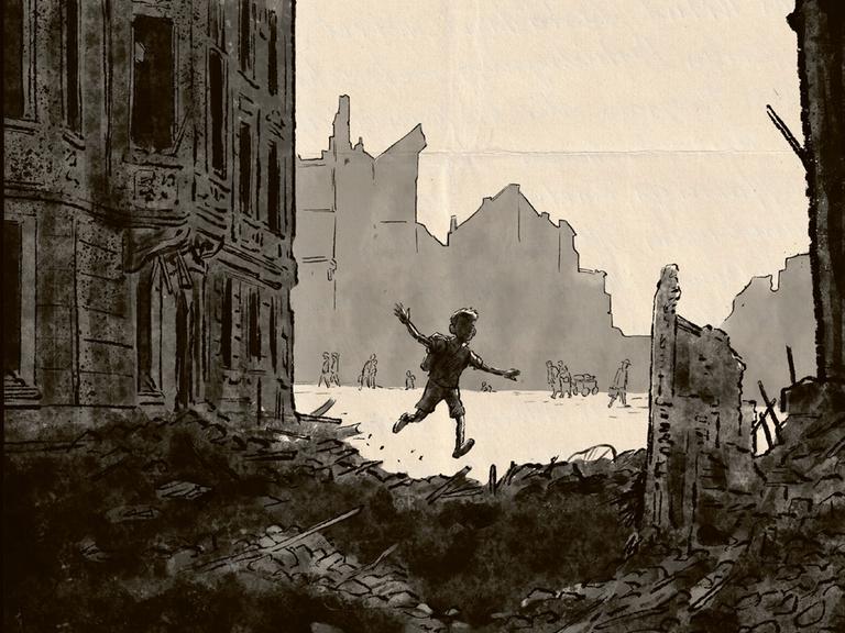 Comiczeichnung eines Kindes, das zwischen Ruinen läuft. Ausschnitt des Buchcovers "Columbusstraße. Eine Familiengeschichte" von Tobi Dahmen, Carlsen Verlag.