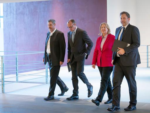 Markus Söder, Friedrich Merz, Bärbel Bas und Lars Klingbeil bei einer Pressekonferenz nach der Sitzung des Koalitionsausschusses von Union und SPD im Kanzleramt. Berlin, 03.09.2025