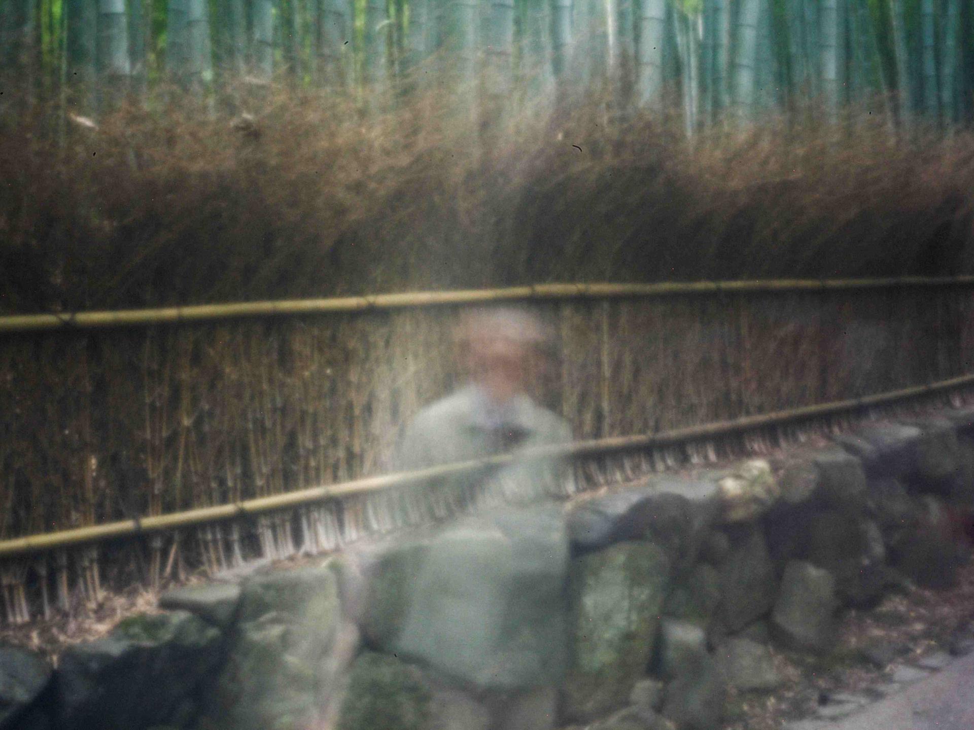 Fotografie mit Pinhole-Technik: Ein verschwommener, verschwindender Mensch auf einem Weg vor Bambusbäumen in Japan.