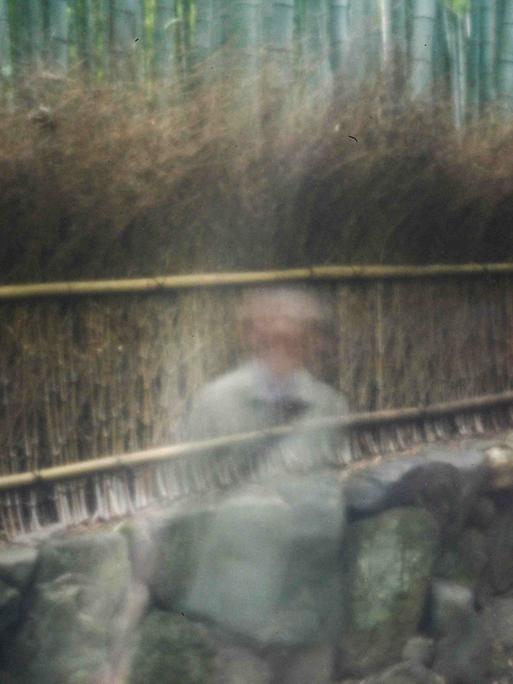 Fotografie mit Pinhole-Technik: Ein verschwommener, verschwindender Mensch auf einem Weg vor Bambusbäumen in Japan.