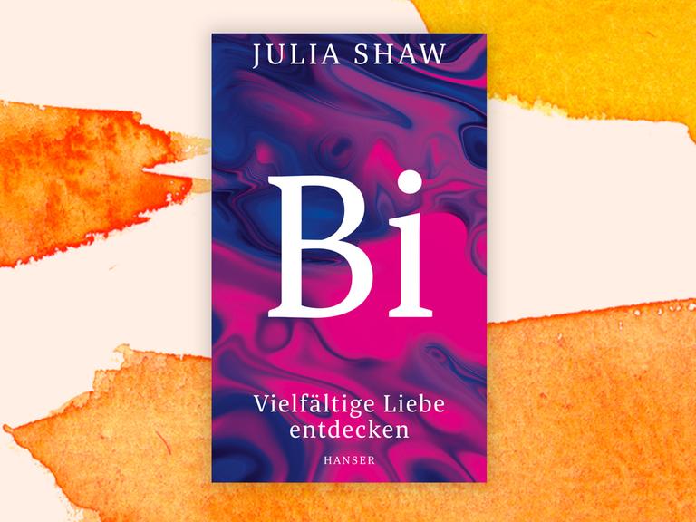 Das Cover des Sachbuchs  von Julia Shaw, "Bi. Vielfältige Liebe entdecken" auf orange-weißem Grund. Autorenname und Titel stehen auf einem farbenfrohen Hintergrund, in dem blaue und pinke Farben und Mischtöne aus diesen beiden Farben zu sehen sind.