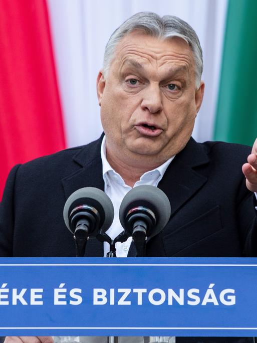 Ungarns Ministerpräsident Viktor Orbán gestikuliert bei einem Wahlkampfauftritt vor einer rot-weiß-grünen Fahne