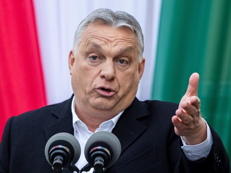 Ungarns Ministerpräsident Viktor Orbán gestikuliert bei einem Wahlkampfauftritt vor einer rot-weiß-grünen Fahne