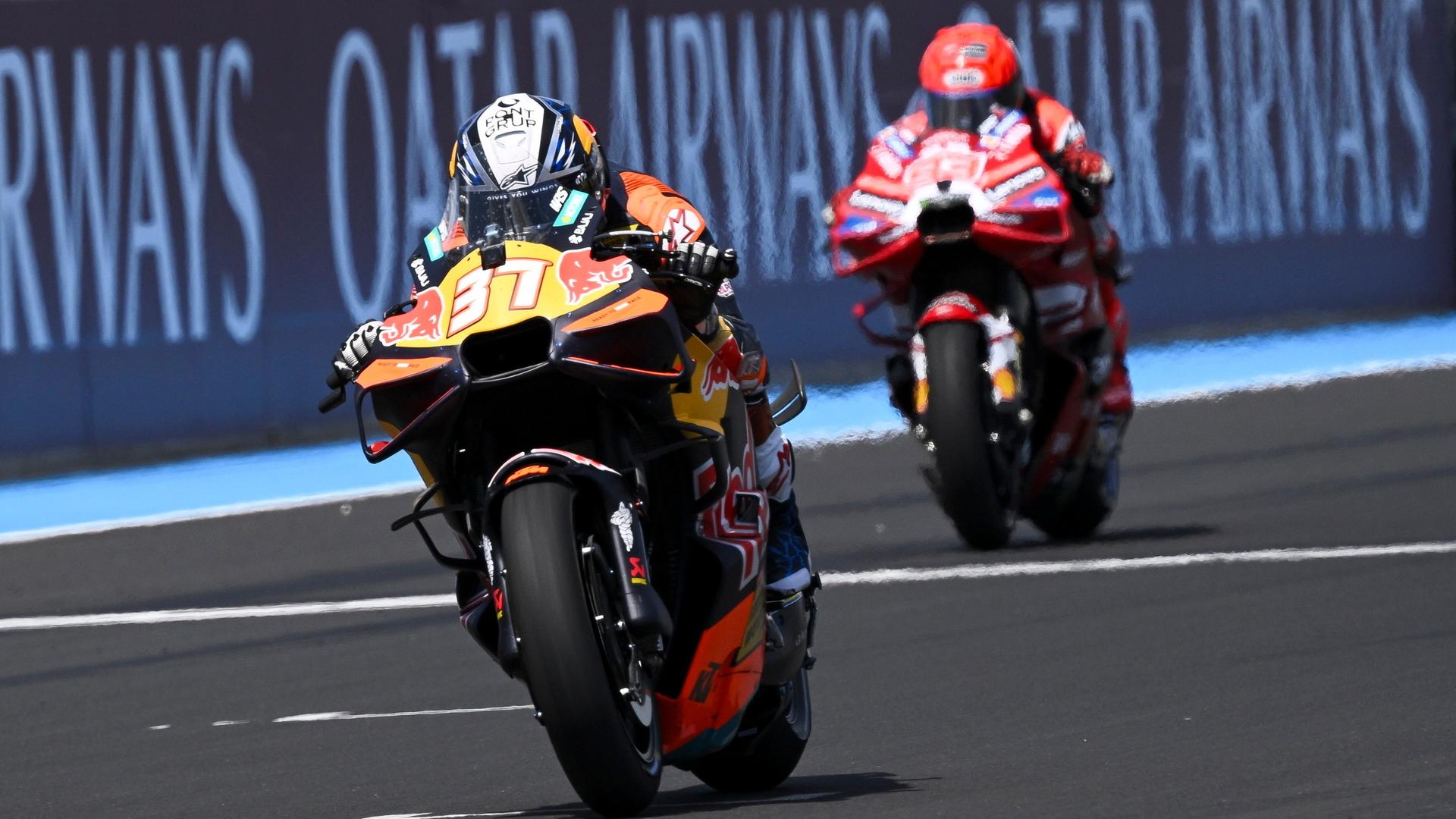 Die spanischen MotoGP-Fahrer Marc Marquez und Pedro Acosta beim Grand Prix von Ungarn. Die spanischen MotoGP-Fahrer Marc Marquez und Pedro Acosta beim Grand Prix von Ungarn.