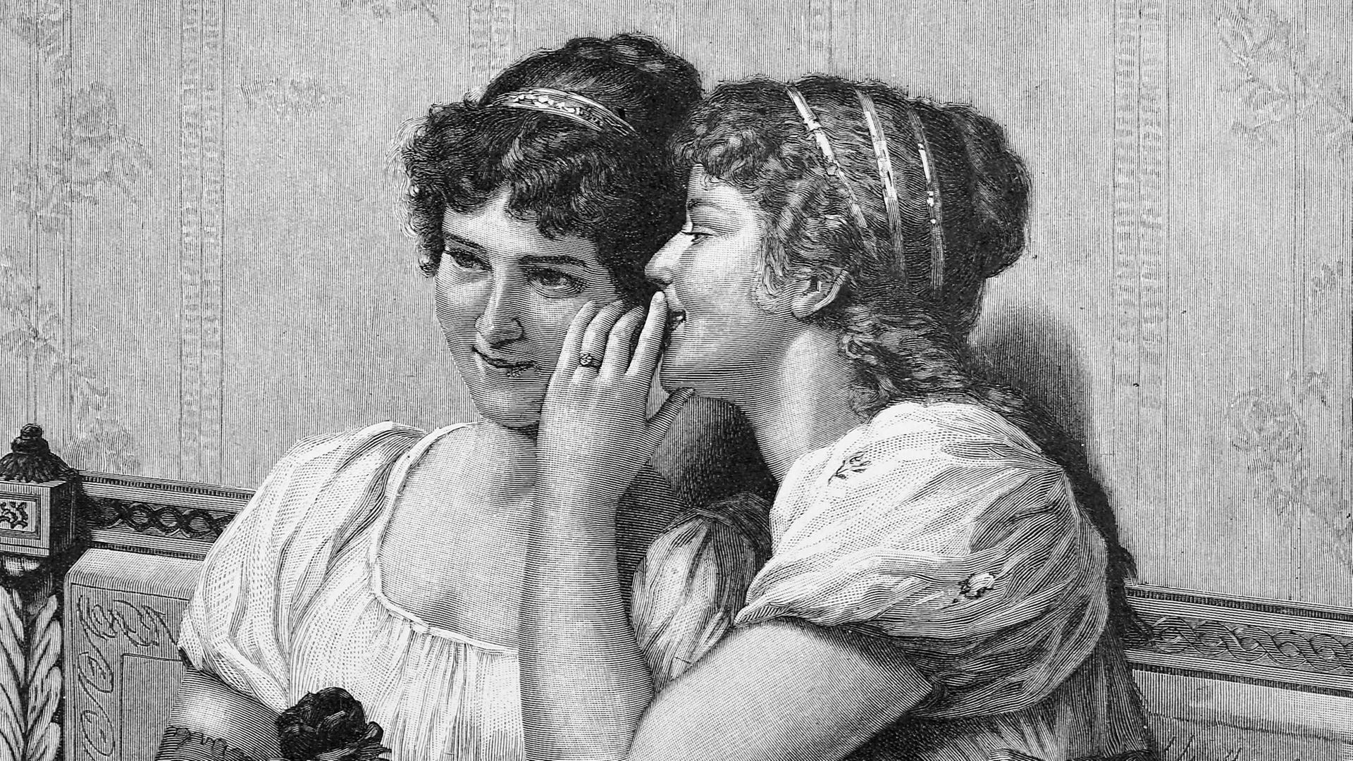 Eine junge Frau flüstert ihrer Freundin ins Ohr (Illustration aus dem 19. Jahrhundert) Eine junge Frau flüstert ihrer Freundin ins Ohr (Illustration aus dem 19. Jahrhundert)