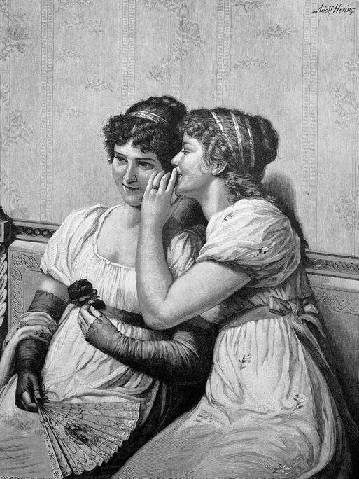 Eine junge Frau flüstert ihrer Freundin ins Ohr (Illustration aus dem 19. Jahrhundert)