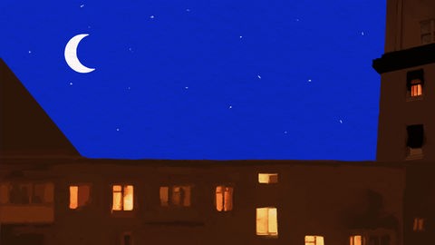Das Logo zum Podcast "Lange Nacht" zeigt eine Häuserzeile bei Nacht, in einigen Fenstern brennt Licht. Am Nachthimmel steht eine Mondsichel. 