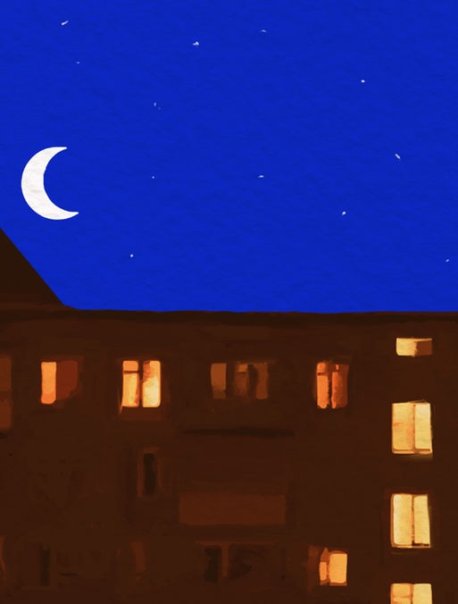 Das Logo zum Podcast "Lange Nacht" zeigt eine Häuserzeile bei Nacht, in einigen Fenstern brennt Licht. Am Nachthimmel steht eine Mondsichel. 