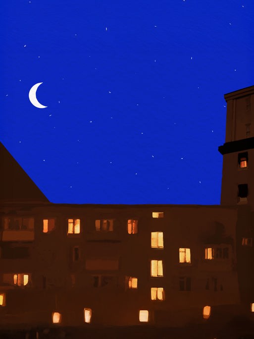 Das Logo zum Podcast "Lange Nacht" zeigt eine Häuserzeile bei Nacht, in einigen Fenstern brennt Licht. Am Nachthimmel steht eine Mondsichel. 