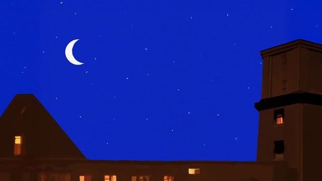 Das Logo zum Podcast "Lange Nacht" zeigt eine Häuserzeile bei Nacht, in einigen Fenstern brennt Licht. Am Nachthimmel steht eine Mondsichel. 