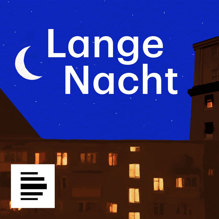 Das Logo zum Podcast "Lange Nacht" zeigt eine Häuserzeile bei Nacht, in einigen Fenstern brennt Licht. Am Nachthimmel steht eine Mondsichel. 