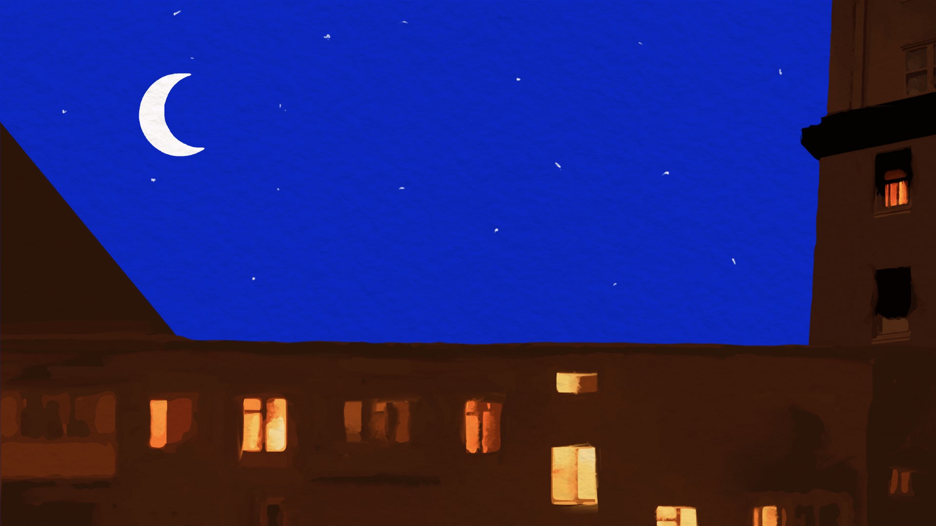 Das Logo zum Podcast "Lange Nacht" zeigt eine Häuserzeile bei Nacht, in einigen Fenstern brennt Licht. Am Nachthimmel steht eine Mondsichel. 