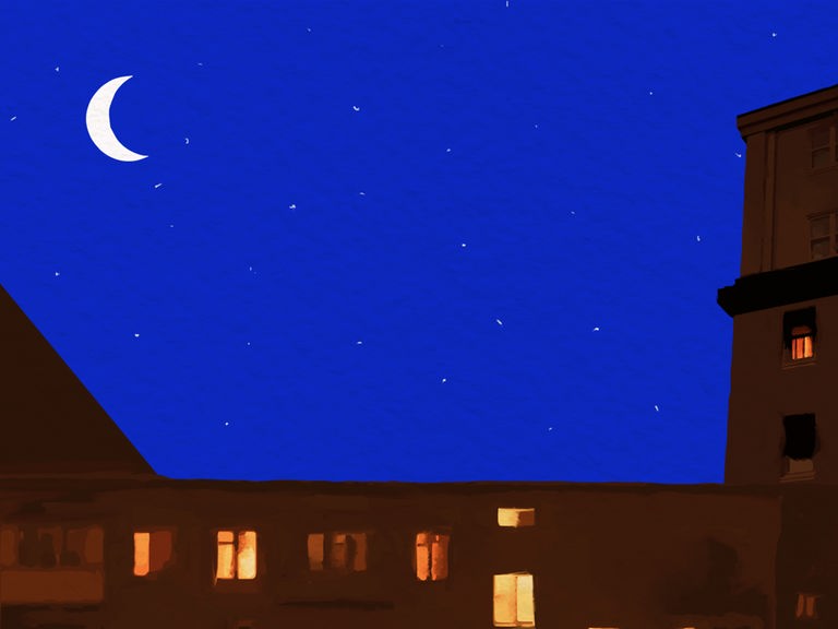 Das Logo zum Podcast "Lange Nacht" zeigt eine Häuserzeile bei Nacht, in einigen Fenstern brennt Licht. Am Nachthimmel steht eine Mondsichel. 