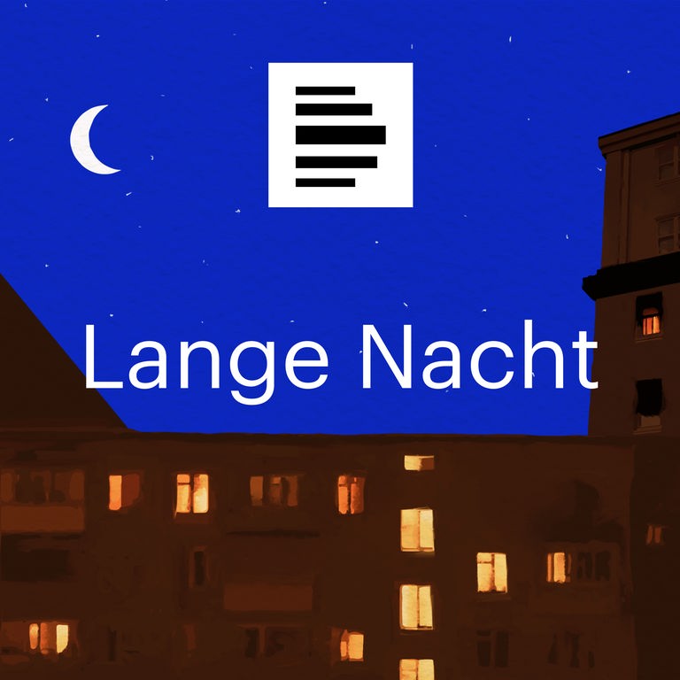 Das Logo zum Podcast "Lange Nacht" zeigt eine Häuserzeile bei Nacht, in einigen Fenstern brennt Licht. Am Nachthimmel steht eine Mondsichel. 
