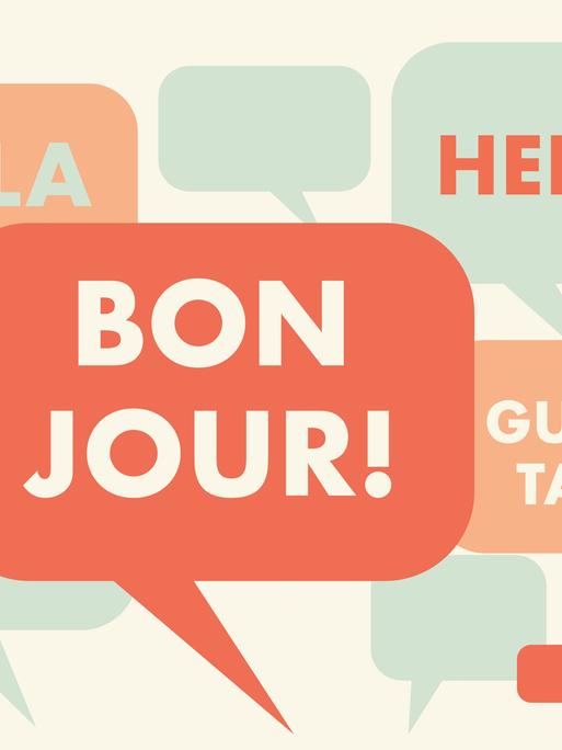 Illustration mehrerer Sprechblasen, die mit den Worten "Bonjour", "Hello", "Guten Tag", "Hola" und "Ciao" gefüllt sind