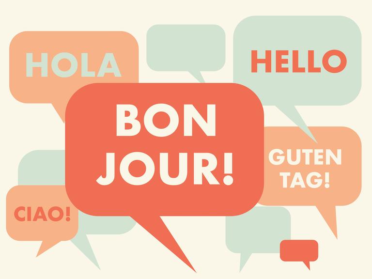 Illustration mehrerer Sprechblasen, die mit den Worten "Bonjour", "Hello", "Guten Tag", "Hola" und "Ciao" gefüllt sind