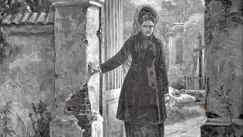 Die Zeichnung einer Frau, die auf einem Friedhof steht und trauert. 