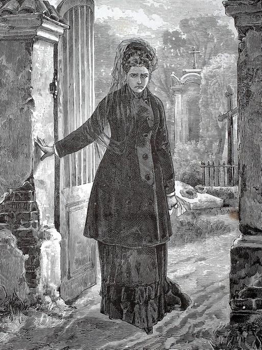 Die Zeichnung einer Frau, die auf einem Friedhof steht und trauert. 
