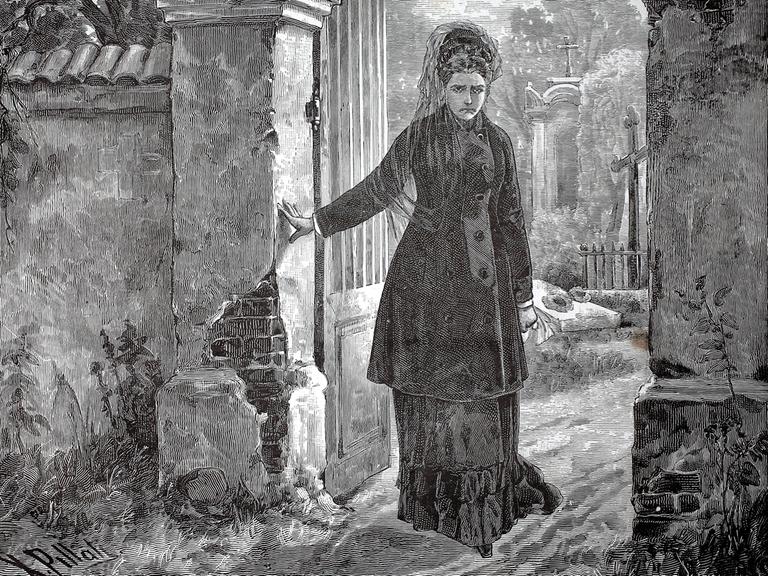Die Zeichnung einer Frau, die auf einem Friedhof steht und trauert. 