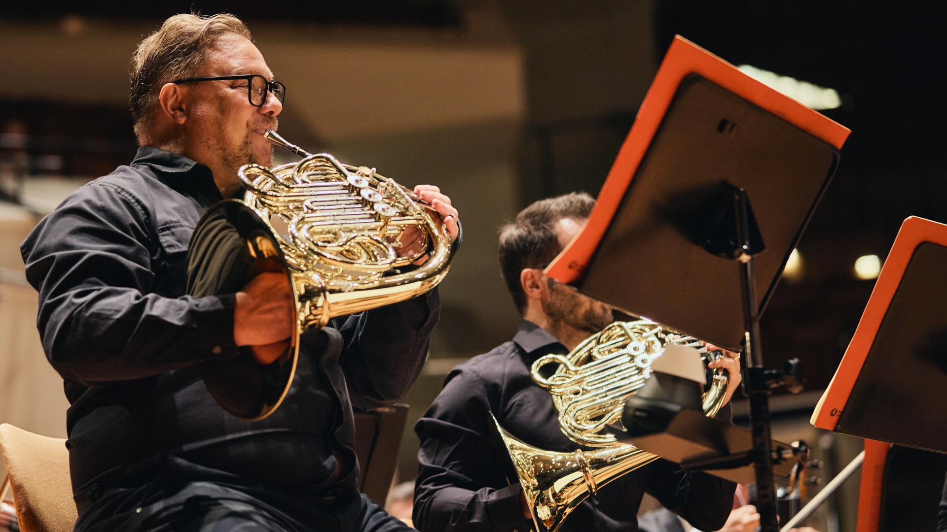 Blick auf einen Hornisten mit Instrument, der in einer Reihe mit seinen Kollegen sitzt und spielt.