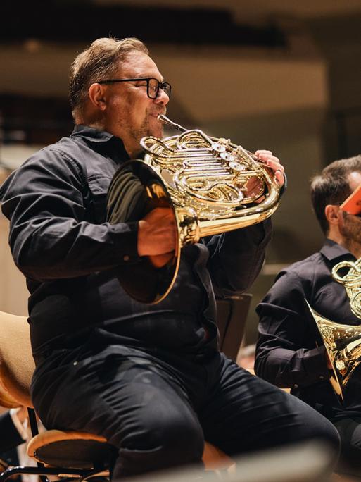 Blick auf einen Hornisten mit Instrument, der in einer Reihe mit seinen Kollegen sitzt und spielt.