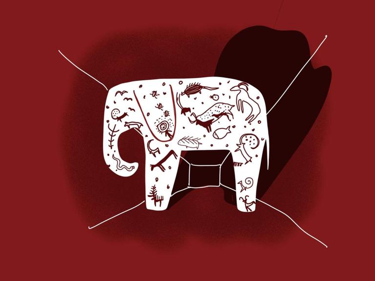 Illustration eines weißen Elefanten mit roten Tiersymbolen auf dem Körper in einem roten angedeuteten Raum