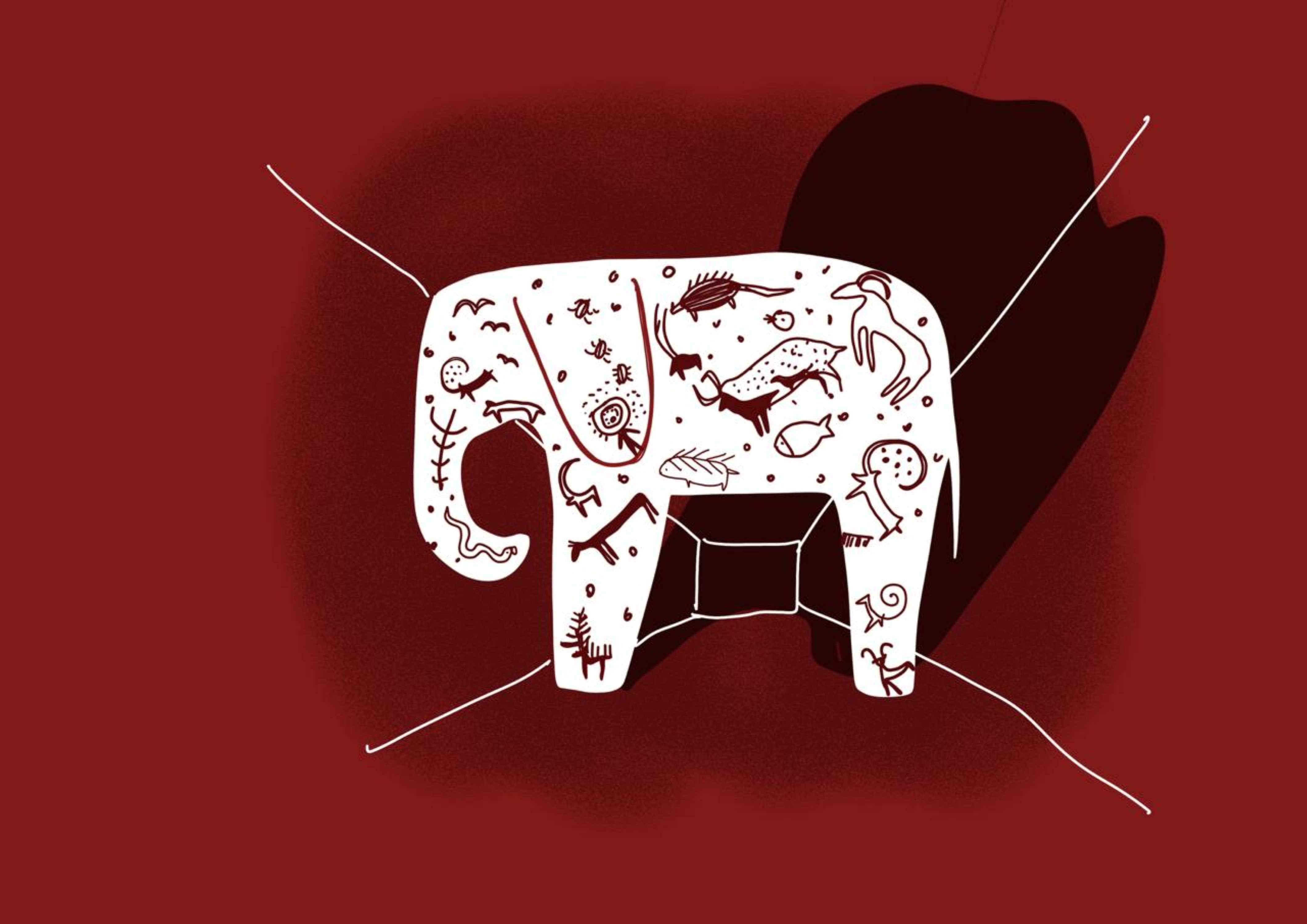 Illustration eines weißen Elefanten mit roten Tiersymbolen auf dem Körper in einem roten angedeuteten Raum Illustration eines weißen Elefanten mit roten Tiersymbolen auf dem Körper in einem roten angedeuteten Raum