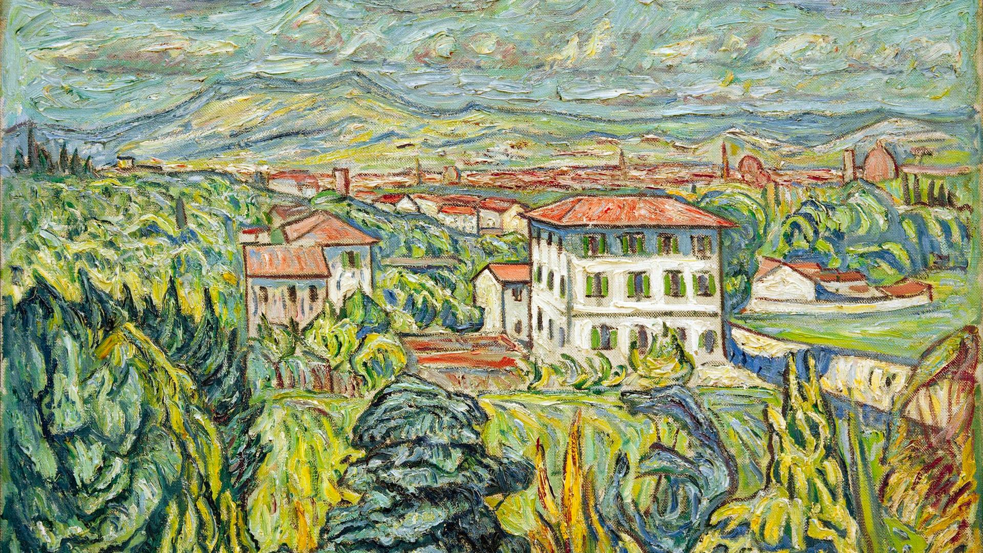 Ölgemälde auf Leinwand von Theo von Brockhusen aus dem Jahr 1913: Blick von Brockhusens Atelierwohnung in der Villa Romana in Florenz auf die Stadt.