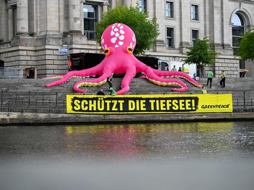 Ein aufblasbarer pinkfarbener Oktopus steht auf den Treppen am Reichstagsufer in Berlin.