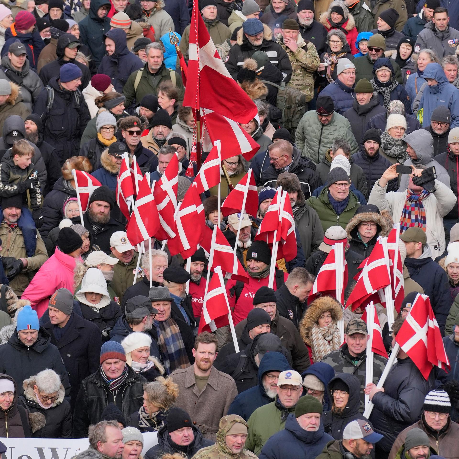 Zu sehen ist ein Protestzug mit vielen Menschen, die rot-weiße Flaggen Dänemarks hochhalten.