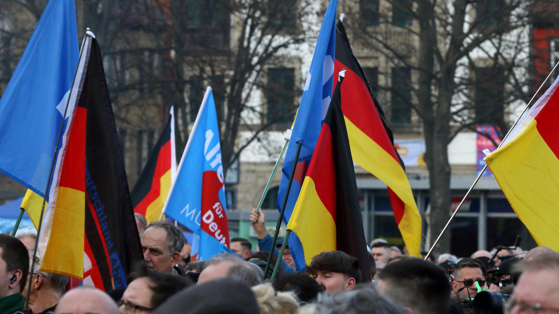 Anhänger mit AfD-Fahnen und Deuschlandflaggen auf dem Erfurter Domplatz