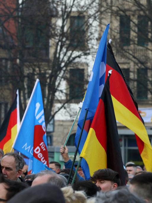 Anhänger mit AfD-Fahnen und Deuschlandflaggen auf dem Erfurter Domplatz