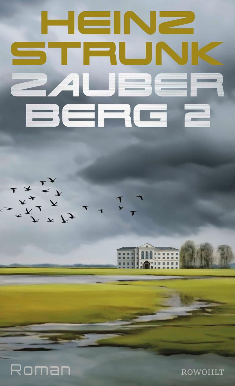 Buchcover das ein einsames Schloss auf stilisierter grüner Wiese zeigt. Darüber steht Heinz Strunk, Zauberberg 2
