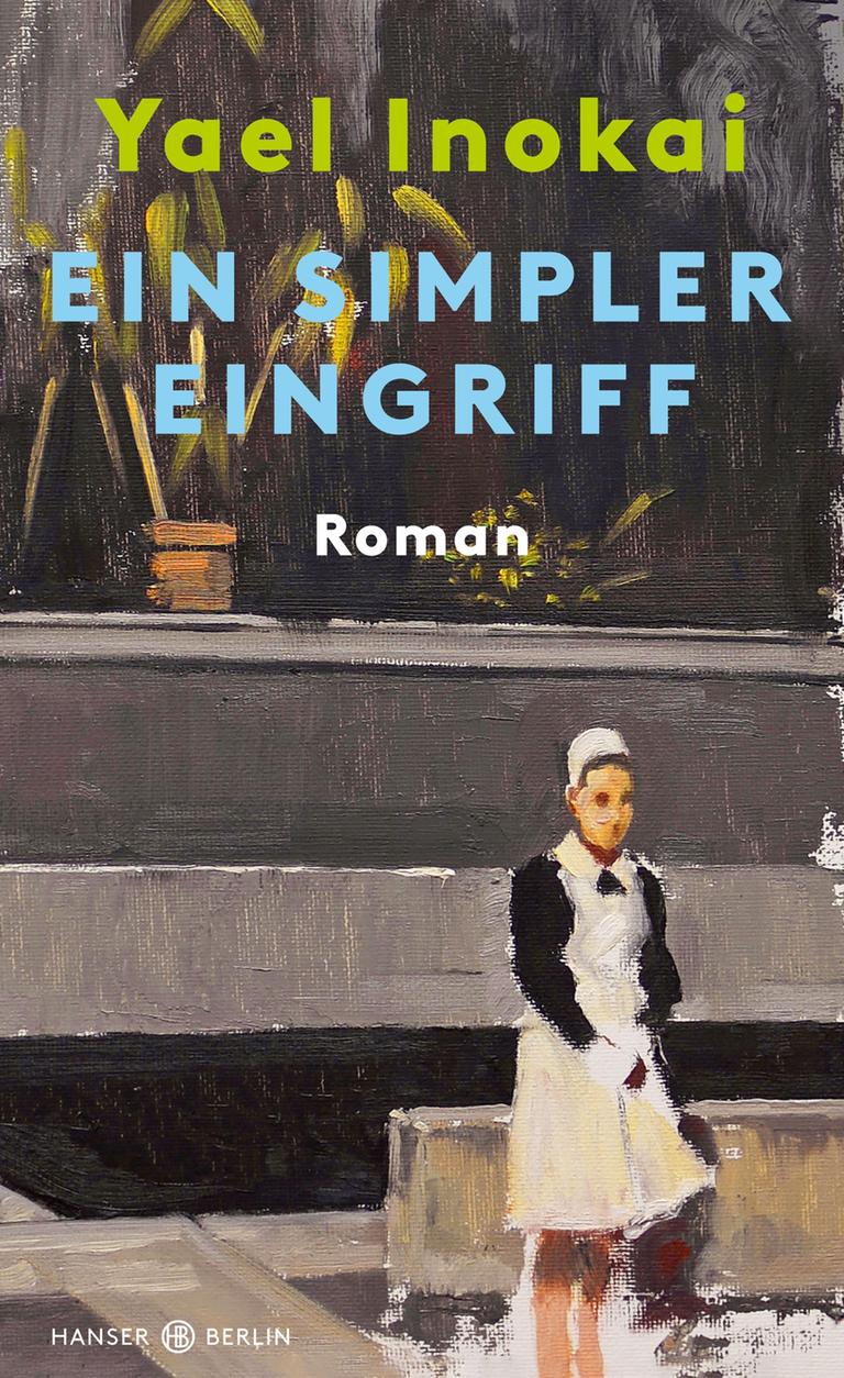 Das Cover des Buches "Ein simpler Eingriff" von Yael Inokai. Zu sehen ist eine junge Frau in einer Schwesterntracht auf einem gemalten Bild, im Hintergrund eine Mauer.