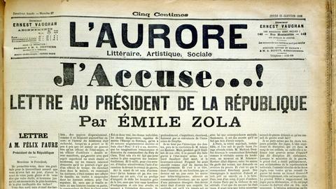 "J'Accuse...!" - "Ich klage an!" - Brief an den Präsidenten der Republik von Émile Zola - in der Zeitschrift "L' Aurore" vom 13. Januar 1898.