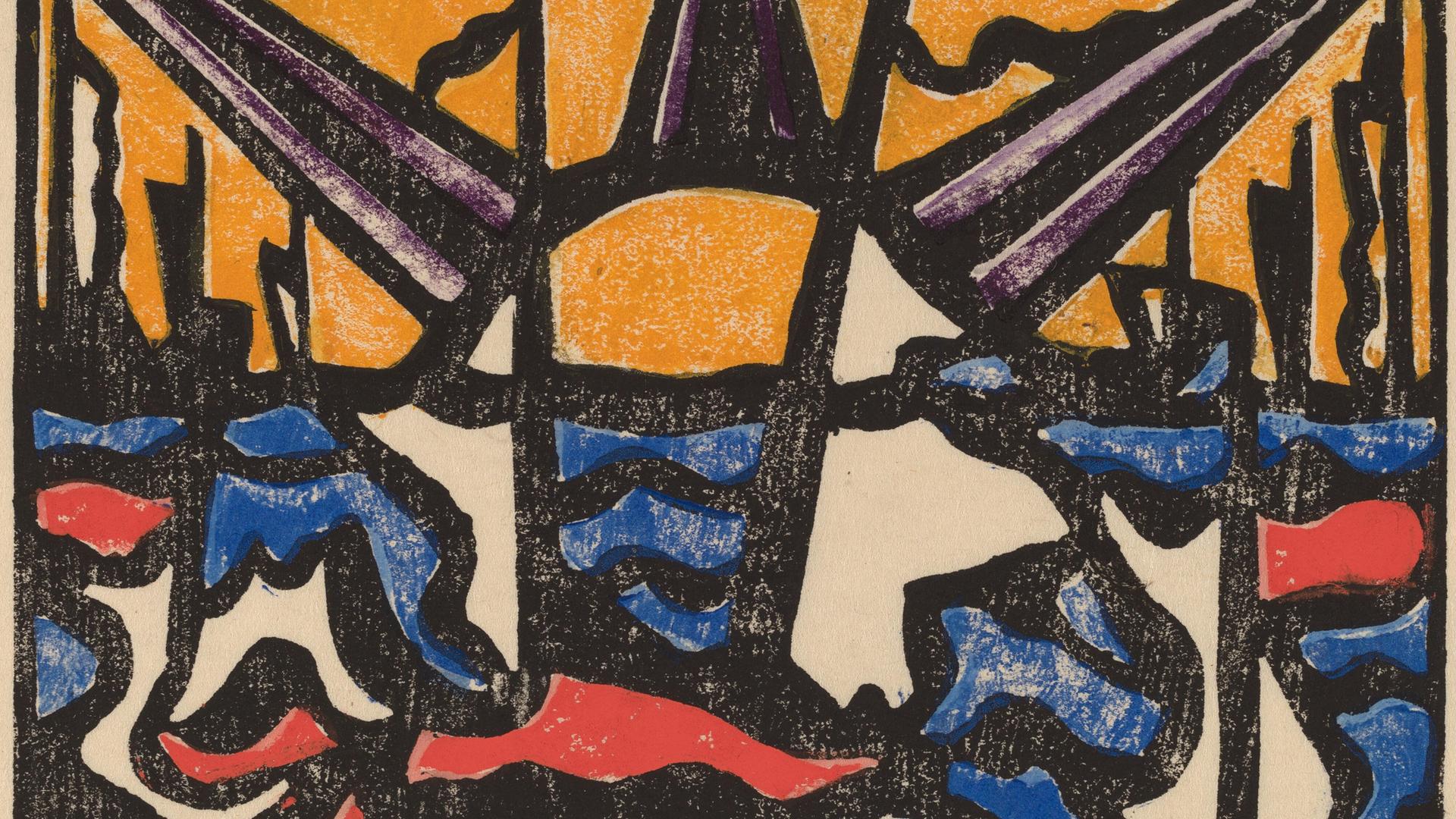 Ein abstraktes Gemälde zeigt in kräftigen Farben stilisiert Sonne, Meer und Schiffe