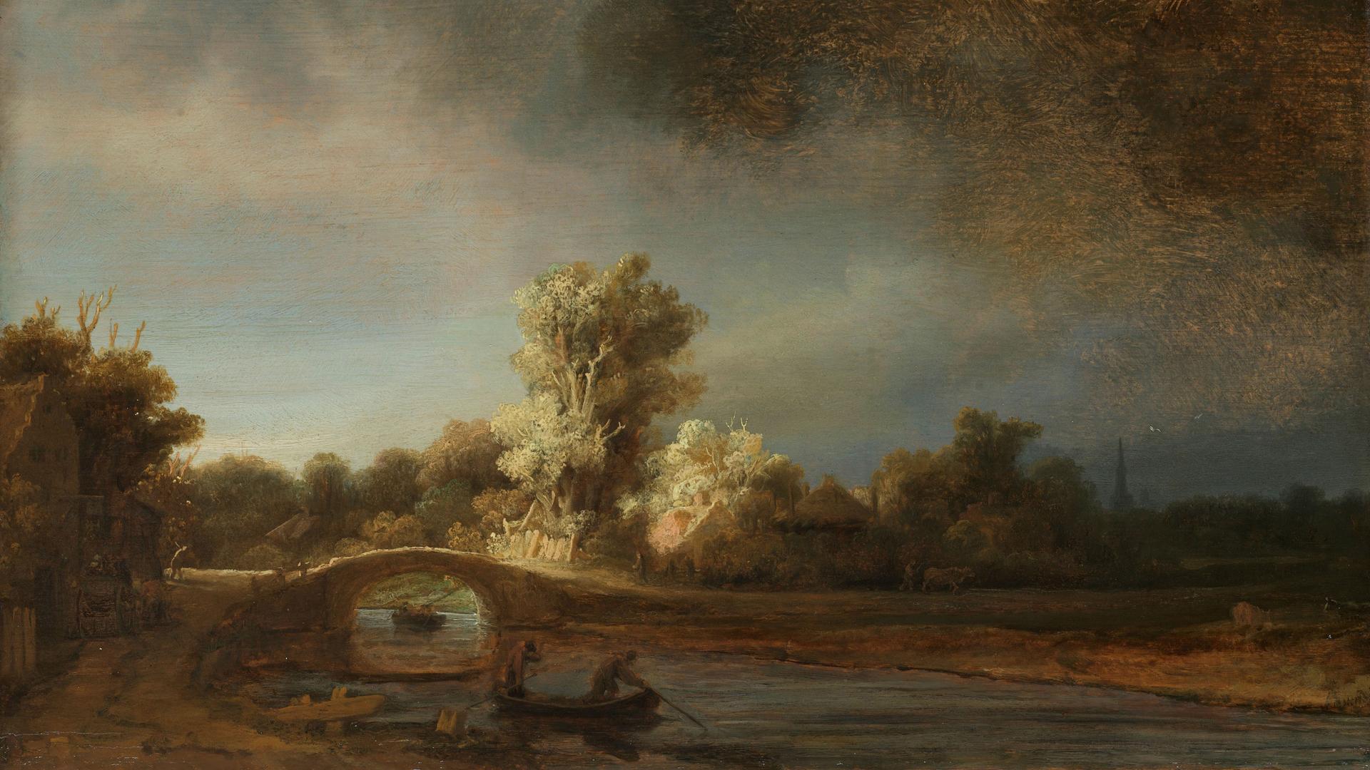 Auf einem Gemälde ist eine Landschaft mit einer steinerne Brücke zu sehen, sowie Menschen an Land und in Booten. Auf einem Gemälde ist eine Landschaft mit einer steinerne Brücke zu sehen, sowie Menschen an Land und in Booten.