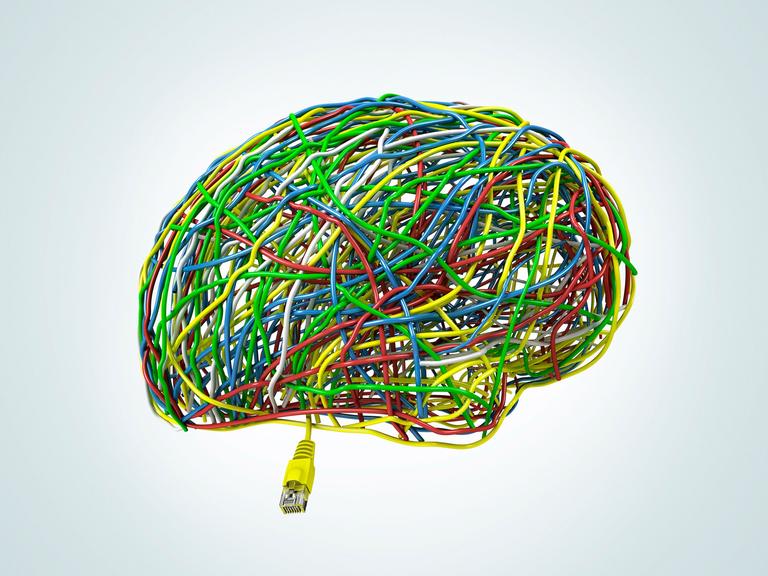 Illustration: Kabel und Elektroden zu einer Gehirnform zusammengebunden.
