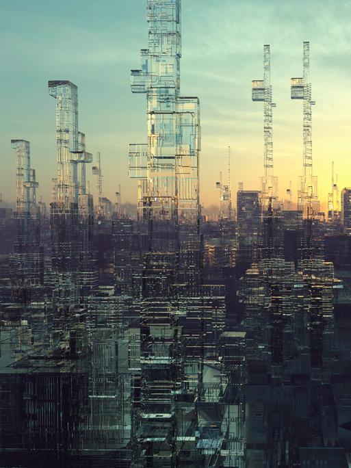 Zukunftsvision: eine Stadt mit Hochhäusern aus Glas.