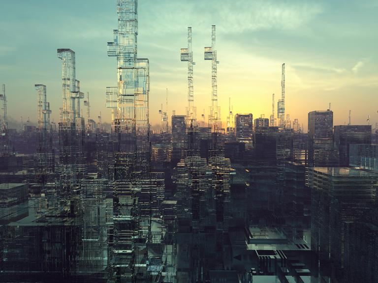 Zukunftsvision: eine Stadt mit Hochhäusern aus Glas.