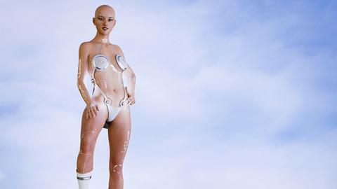 Cyborg-Frau stehend auf dem Kopf eines besiegten Roboter-Manns